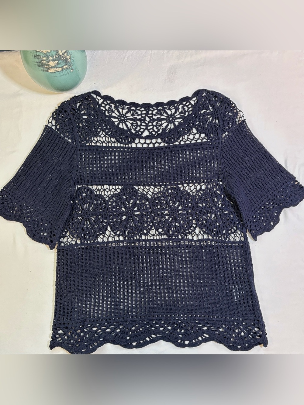 Anthropologie James Coviello Janice Crochet Lace Top Navy Blue Small S - Picture 2 of 9